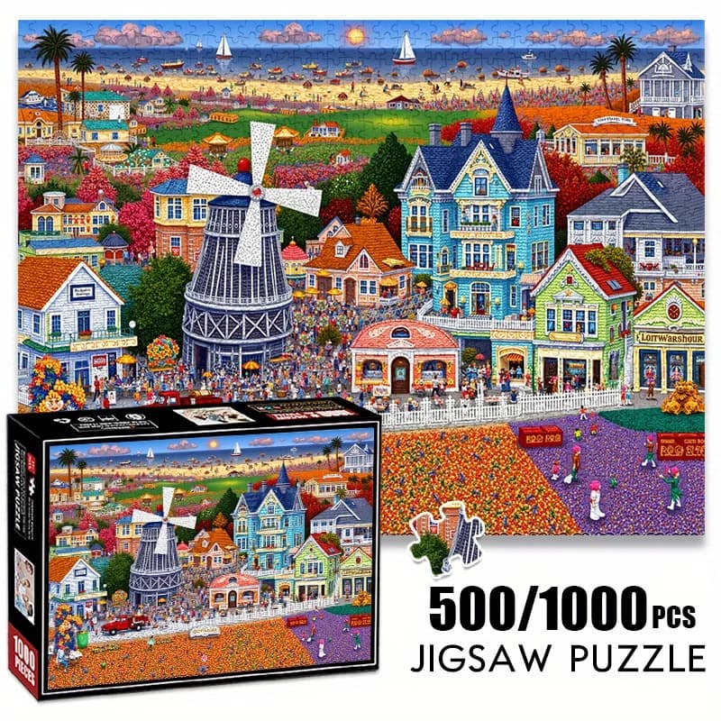 Puzzle di carta da 500/1000 pezzi: affascinante mulino a vento e piccola scena di città, resistente ai graffi, livello di abilità senior, sha rettangolare