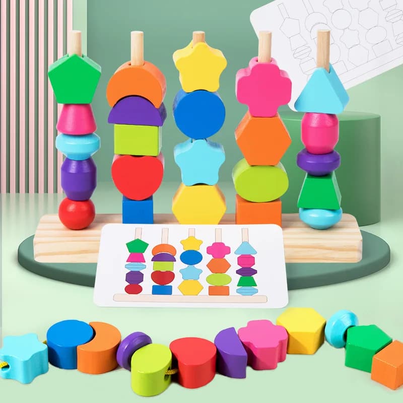 Set di giocattoli per sequenza di perline di legno Montessori, blocchi colorati impilabili a cinque colonne, perline di allacciatura, impilatore di forme abbinate