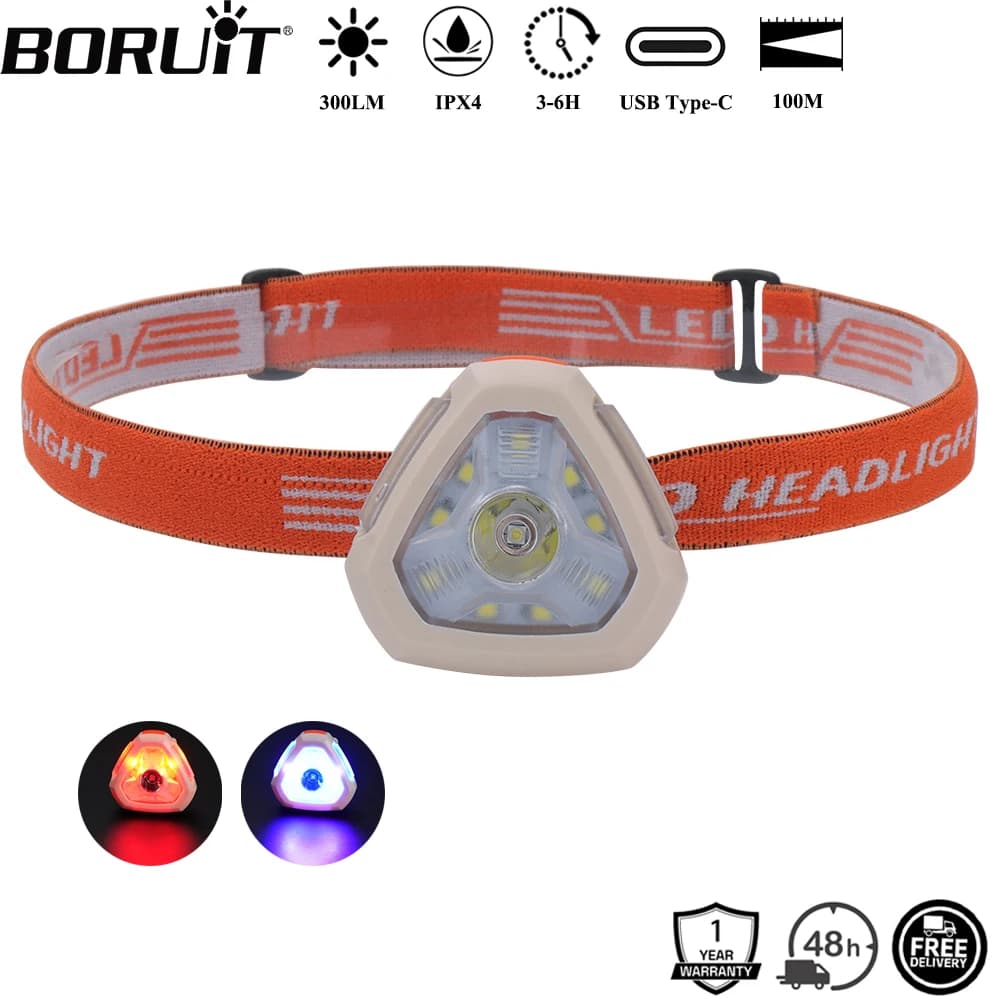 BORUiT 300LM Cap Clip LED Lampada frontale Tipo-C Ricaricabile 500mAh Faro Luce rossa Impermeabile Torcia da pesca da campeggio