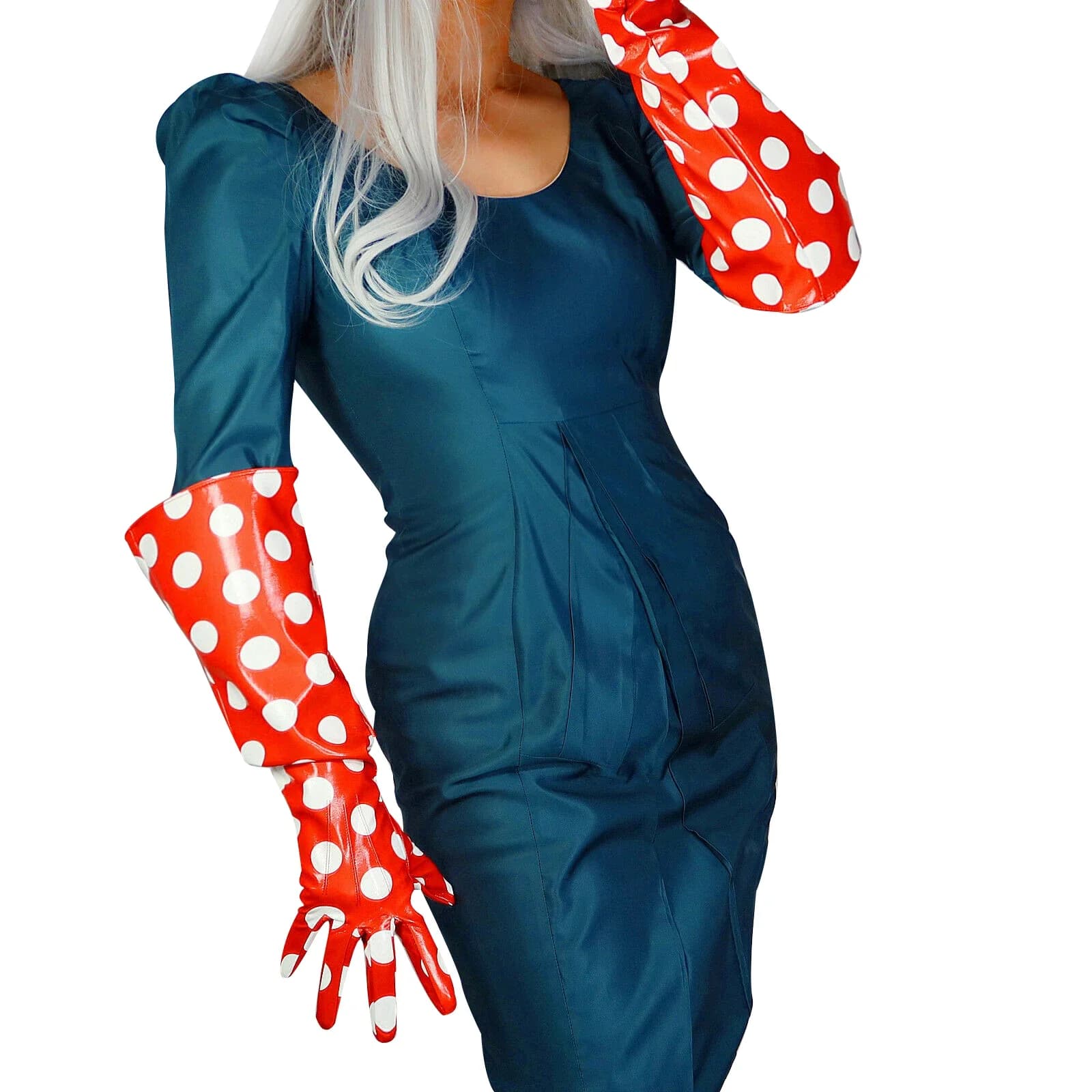 DooWay Guanti LUNGHI IN LATTICE Pelle verniciata finta lucida 20 "50 cm Polka Dot Rosso Maniche a sbuffo larghe Guanto cosplay natalizio da sera