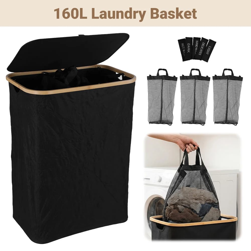 160L Children's Basket with 3 Departments, Large Basket for Bucato with Cover and Internal Bags Removable for Bathroom, Bedroom and Small Spaces