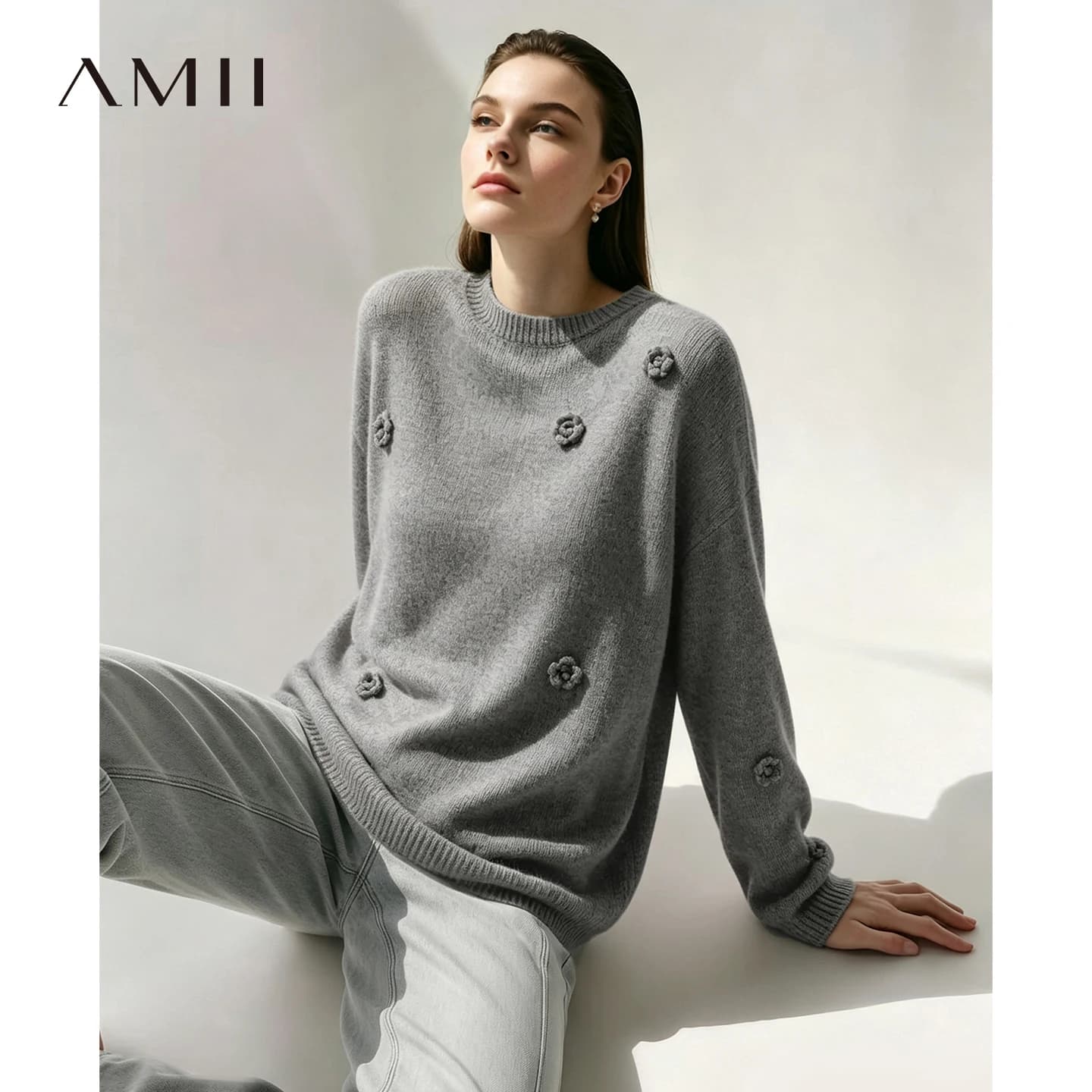 Amii Women's Crew Neck Autumn Sweater Drop Shoulder Long Sleeve Rose Casual Pullover Loose Knit Tops Female Clothing 12623037