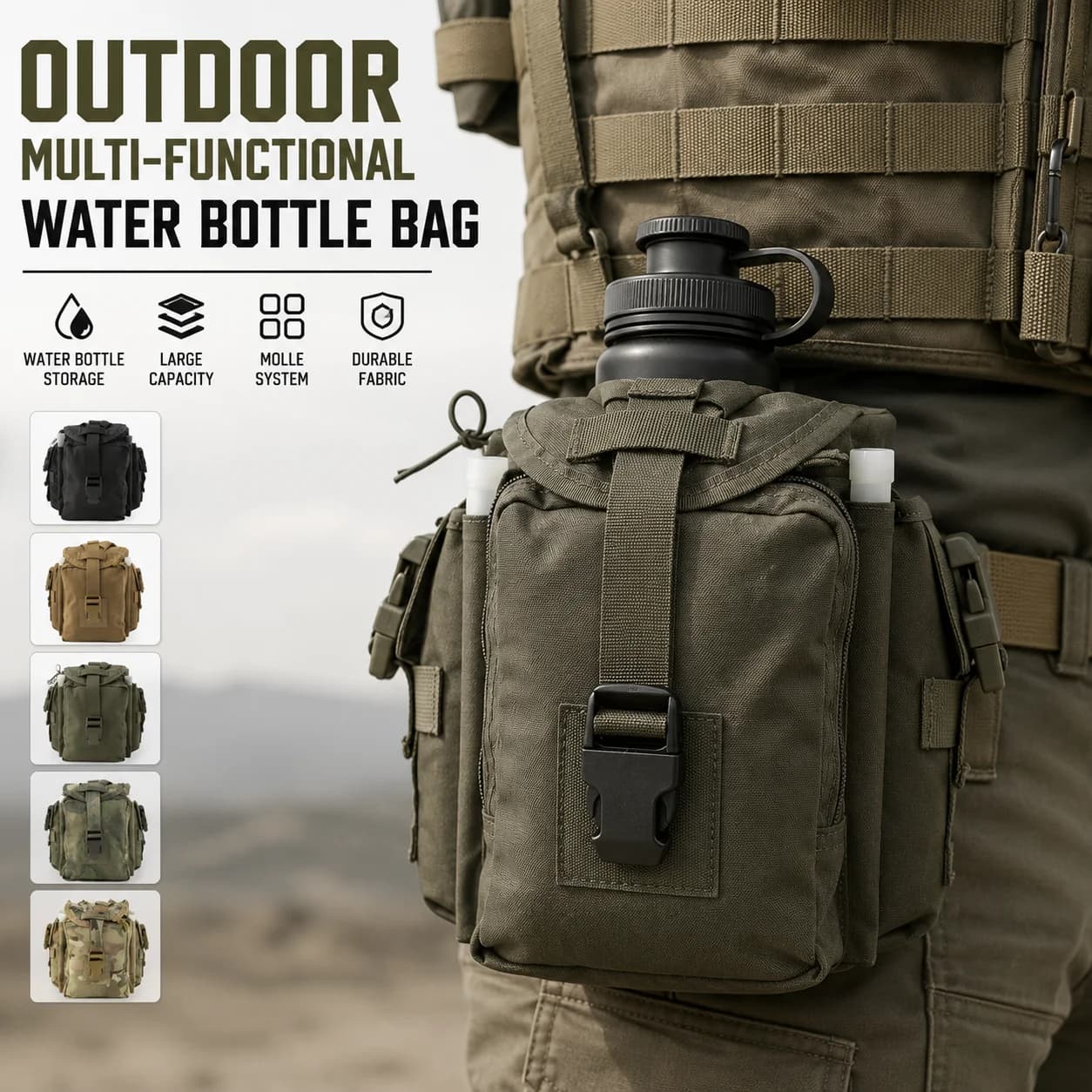 Tactical Water Bottle Bag MOLLE Pouch Outdoor Hiking Hydration Carrier Utility Waist Pack Military EDC Gear