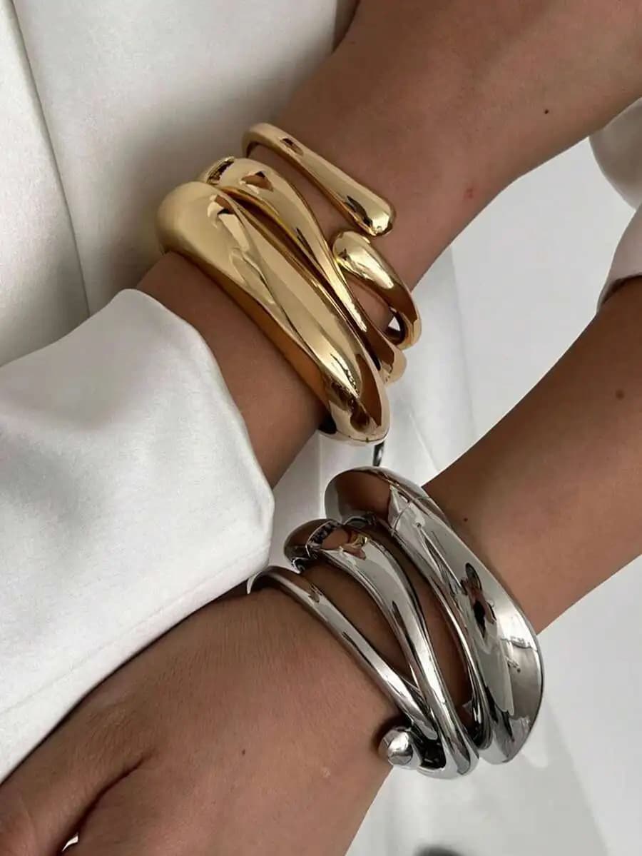 Set di 3 Bracciali in Metallo per Donna, Stile Punk Minimalista, Geometrici, Lisci, Asimmetrici a Goccia, in Lega di Zinco