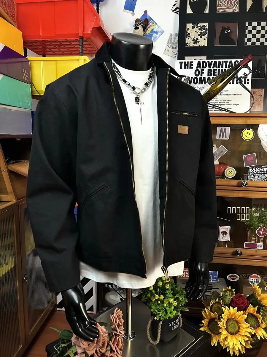 Black Short Detroit Washed Baseball Jacket Men's Summer American Retro Cleanfit Handsome Jacket Loose Fit Polyester Fiber