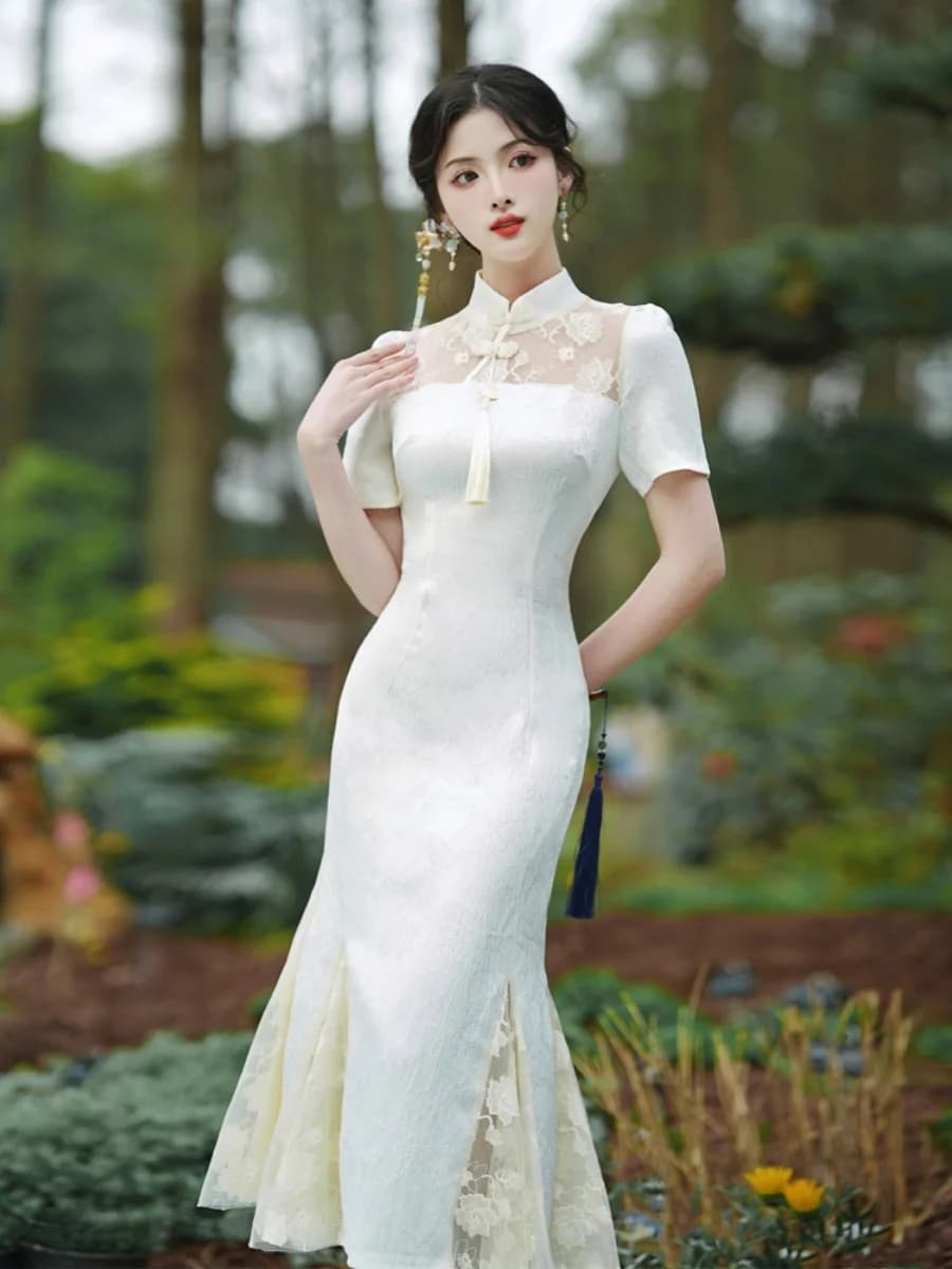Elegant Young Style Chinese New Version Qipao Fish Tail Long Dress Daily Wear Short Sleeve Color Polyester Fiber
