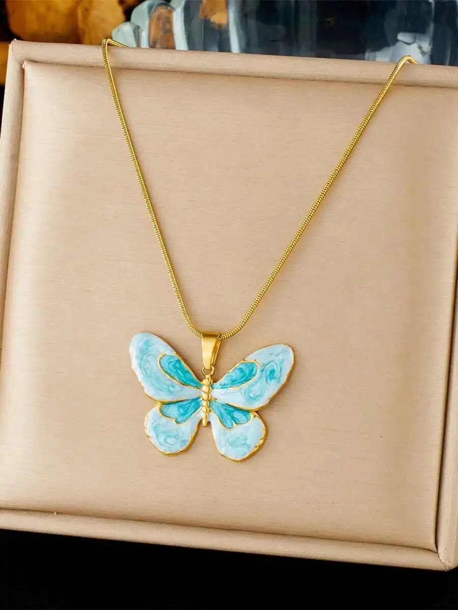 Butterfly Pendant Necklace Blue Enamel Stainless Steel Chain Fashion Jewelry