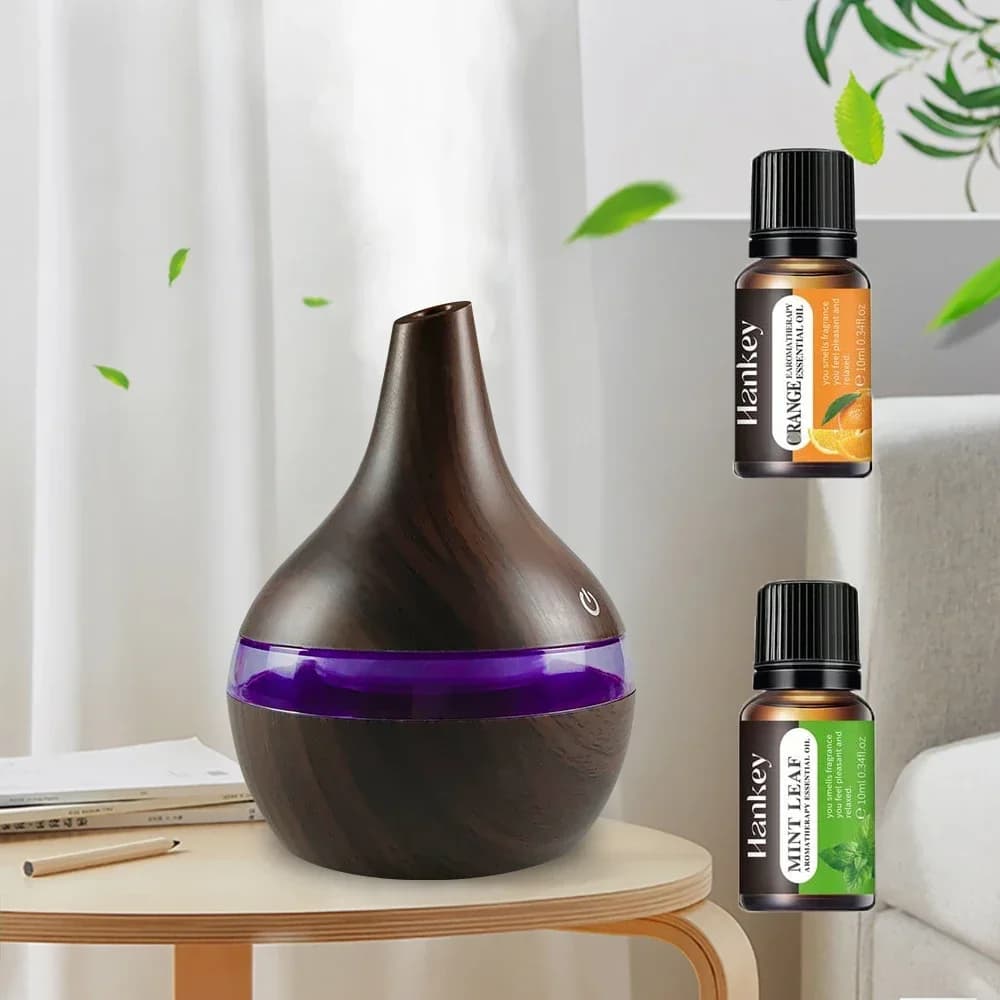 Umidificatore a venature del legno da 300 ml, diffusore di oli essenziali, nebbia fredda, USB, 2 oli aromatici, casa e ufficio