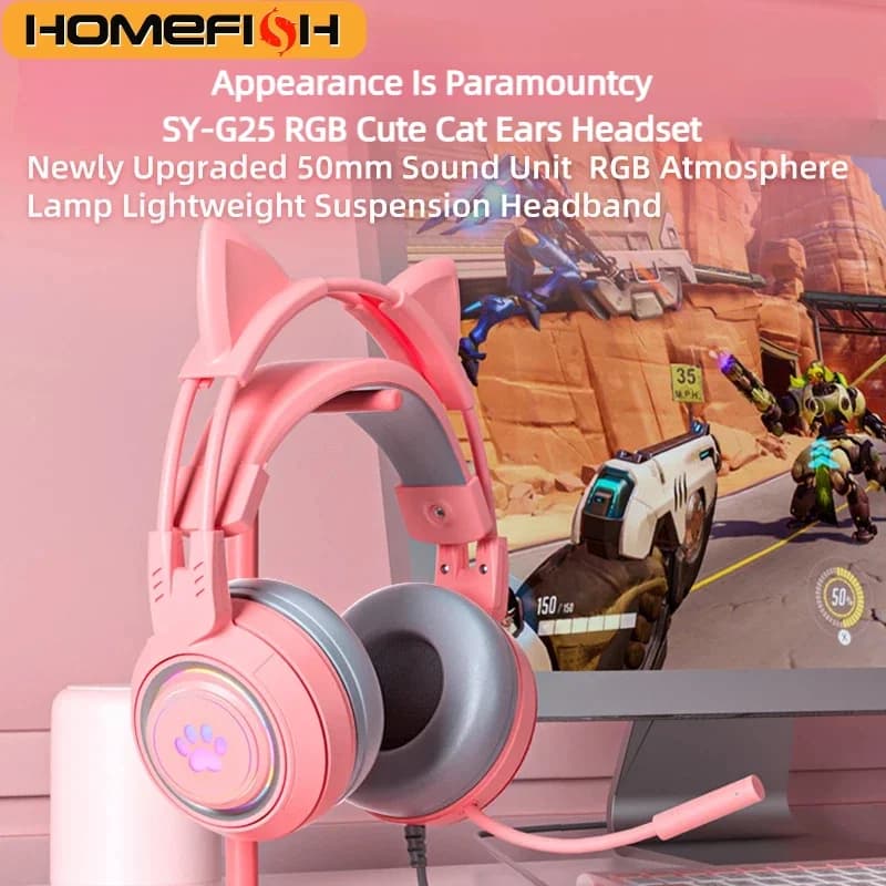 HOMEFISH G25 Gaming Headphones with Cat Earrings, RGB Light, 50mm Hi-Fi Driver, Microphone with Noise Cancellation for PC, PS, Xbox, Laptop, Telephone, etc.