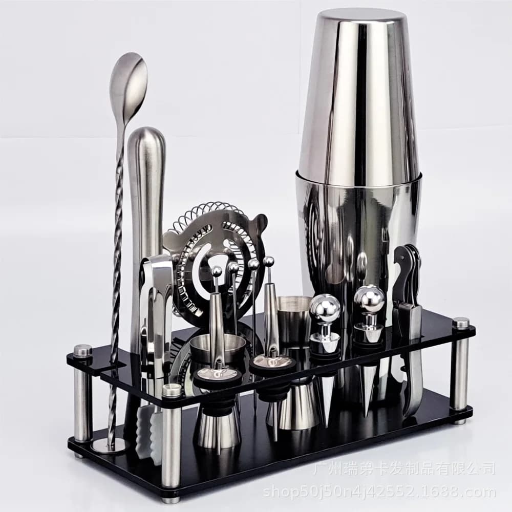 17Pcs 304 Stainless Steel Cocktail Shaker Set with Storage Rack Bar Tools Kit for Home & Beginner Use