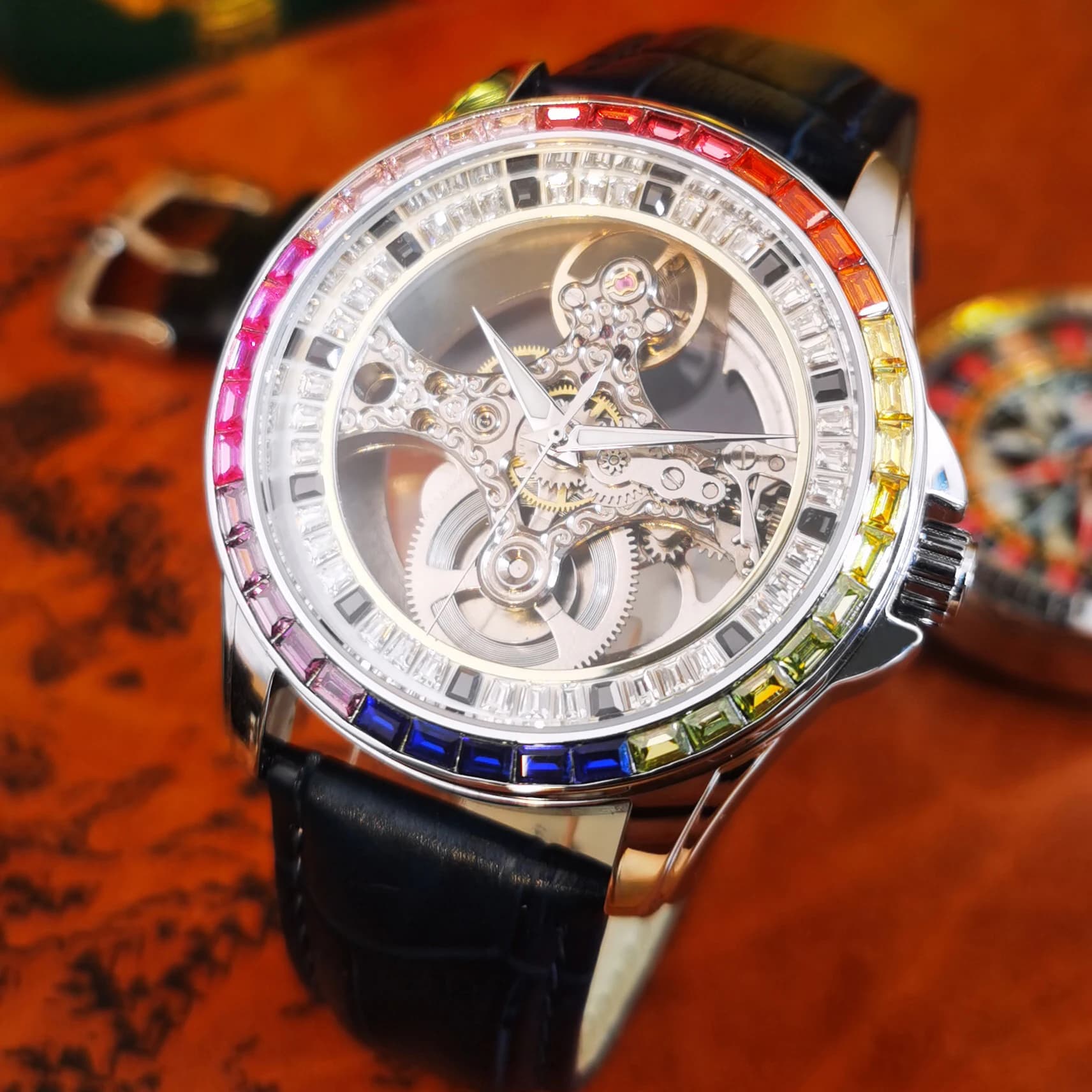AOKULASIC Luxury Men's Automatic Skeleton Watch Fashion Blue Leather Strap Luminous Hands Business Men's Mechanical Watches New