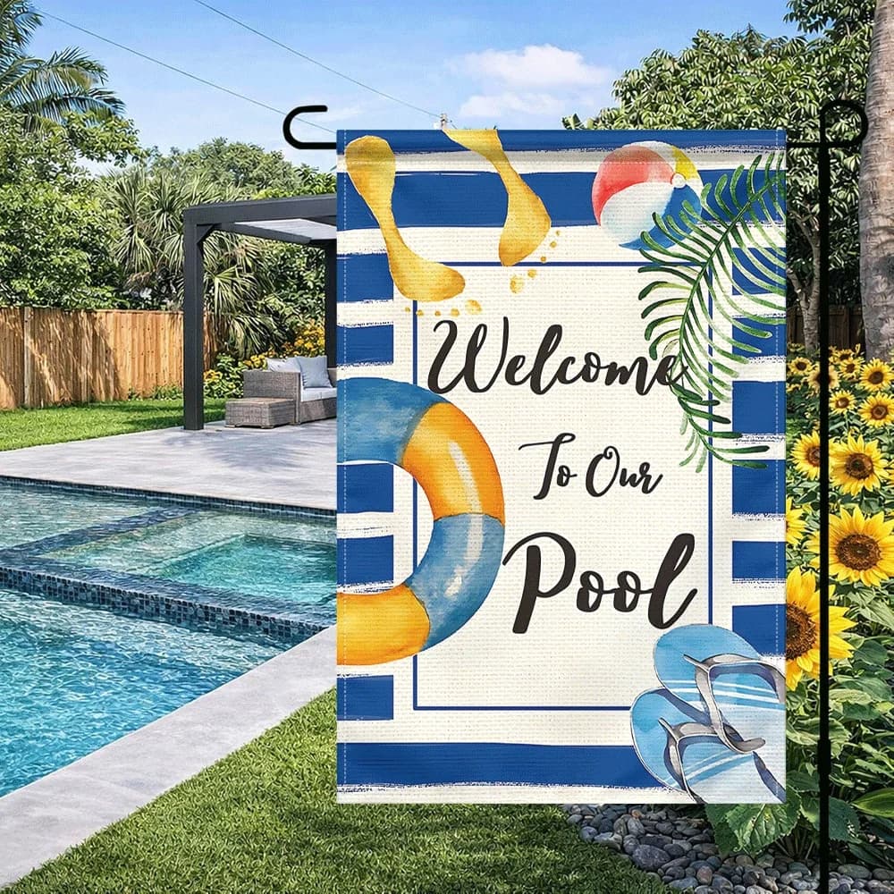 Bandiera decorativa per piscina in stile acquerello, benvenuto nel nostro giardino, perfetta per feste estive in piscina, con anello da nuoto e ciabatte infradito.
