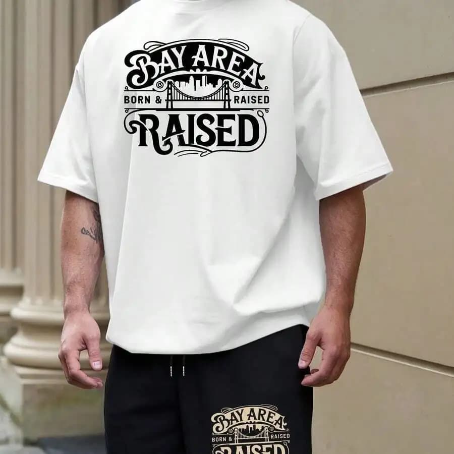 Set di t-shirt e pantaloncini con grafica Bay Area Born And Raised per uomo, outfit casual estivo