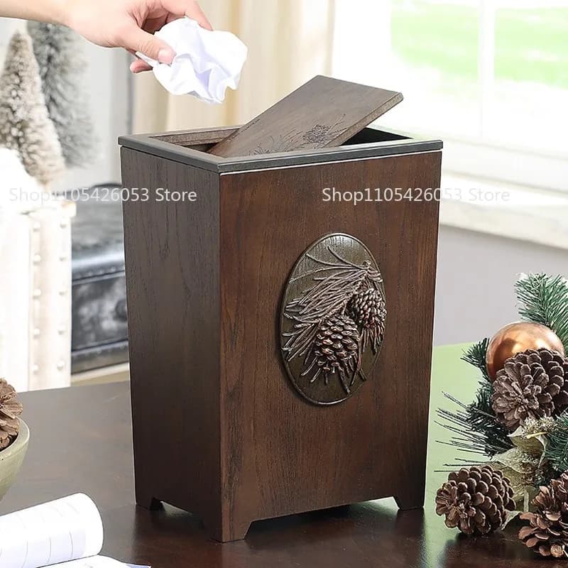 American creative household covered trash can wood new Chinese living room kitchen bedroom bathroom covered trash can