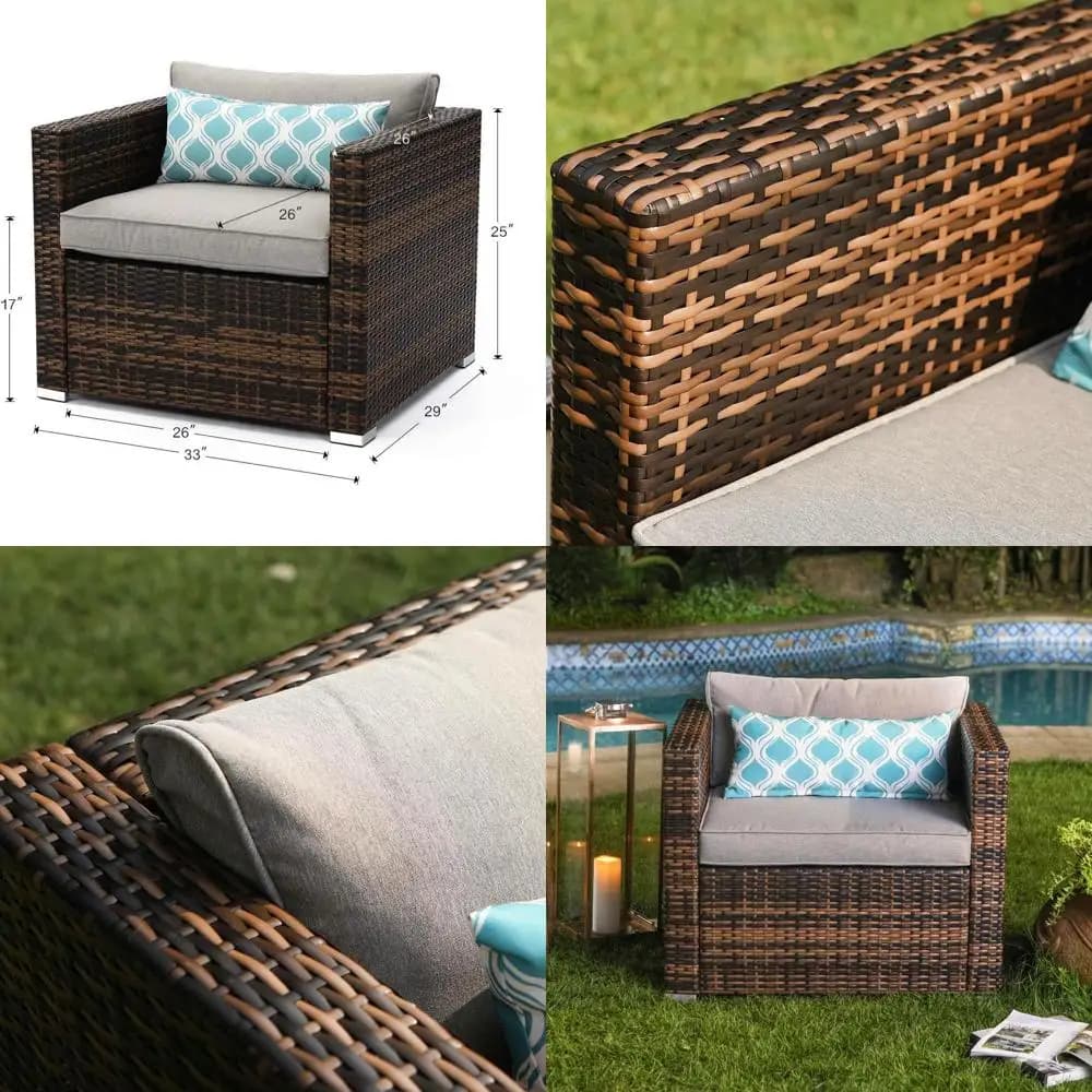 Sedia da Patio in Vimini Marrone con Cuscini Grigi e Cuscini Verde Acqua - Resistente alle Intemperie per Uso Esterno, Giardino, Bordo Piscina