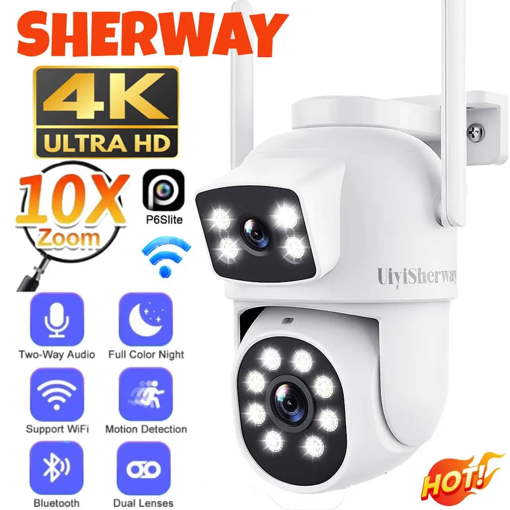 UiyiSherway 4K Dual Lens Wifi Camera Esterna 10X Zoom Doppio Schermo PTZ Telecamera di Sicurezza Rilevazione Automatica del Movimento Video Sorveglianza