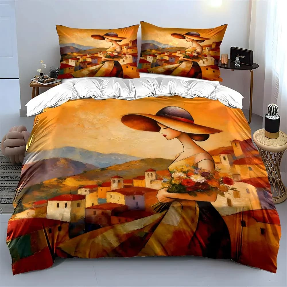 Set di biancheria da letto Mediterraneo da 3 pezzi, stampa donna con fiori e cappello ampio in stile rustico, copripiumino + 2 federe, decorazione artistica calda