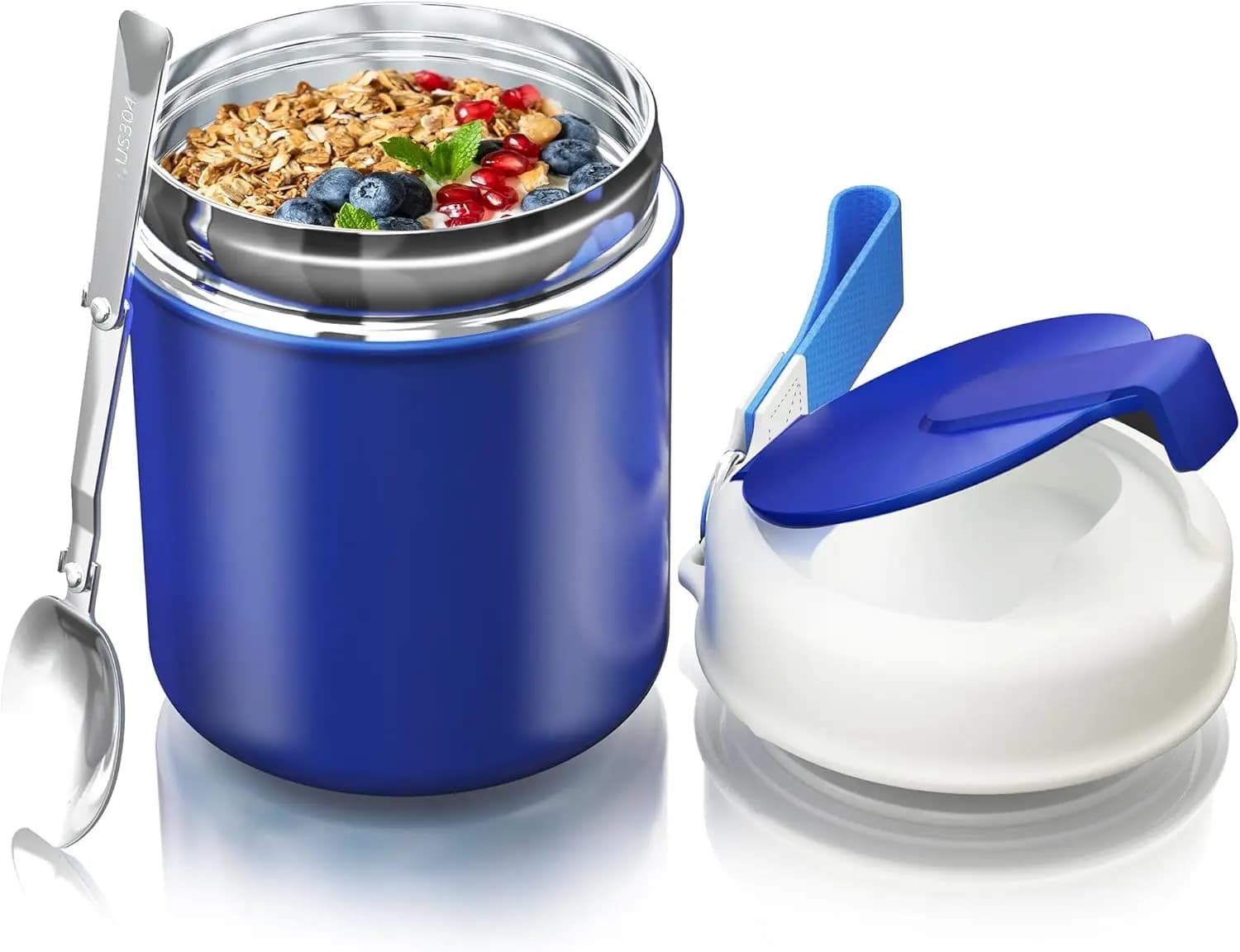 Contenitore Termico per Alimenti 15.8oz, Barattolo Ermetico per Zuppa, Thermos a Bocca Larga per Cibo Caldo, Porta Pranzo per Bambini con Cucchiaio, Blu