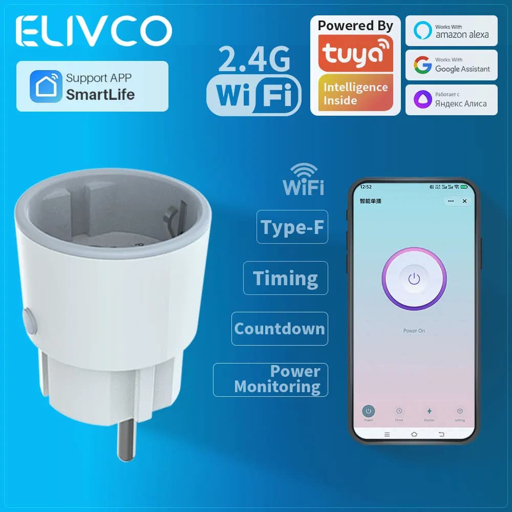 Smart WiFi Tuya EU 16A 3680W with Energy Monitoring and Timer, Compatible with Alexa and Google Home