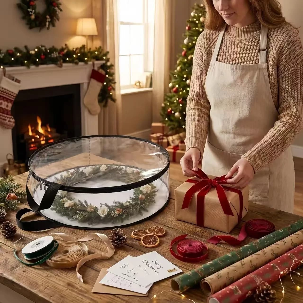 Transparent Christmas Wreath Storage Bag,Large Capacity Dust-proof and Moisture-proof Holiday Wreath Storage Bag,with PVC Handle
