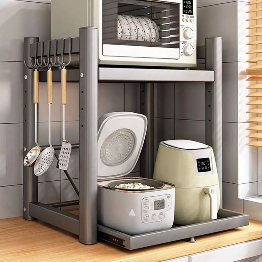 New removable carbon steel microwave rack grey white carbon organizer shelf for 2 layers air fryer
