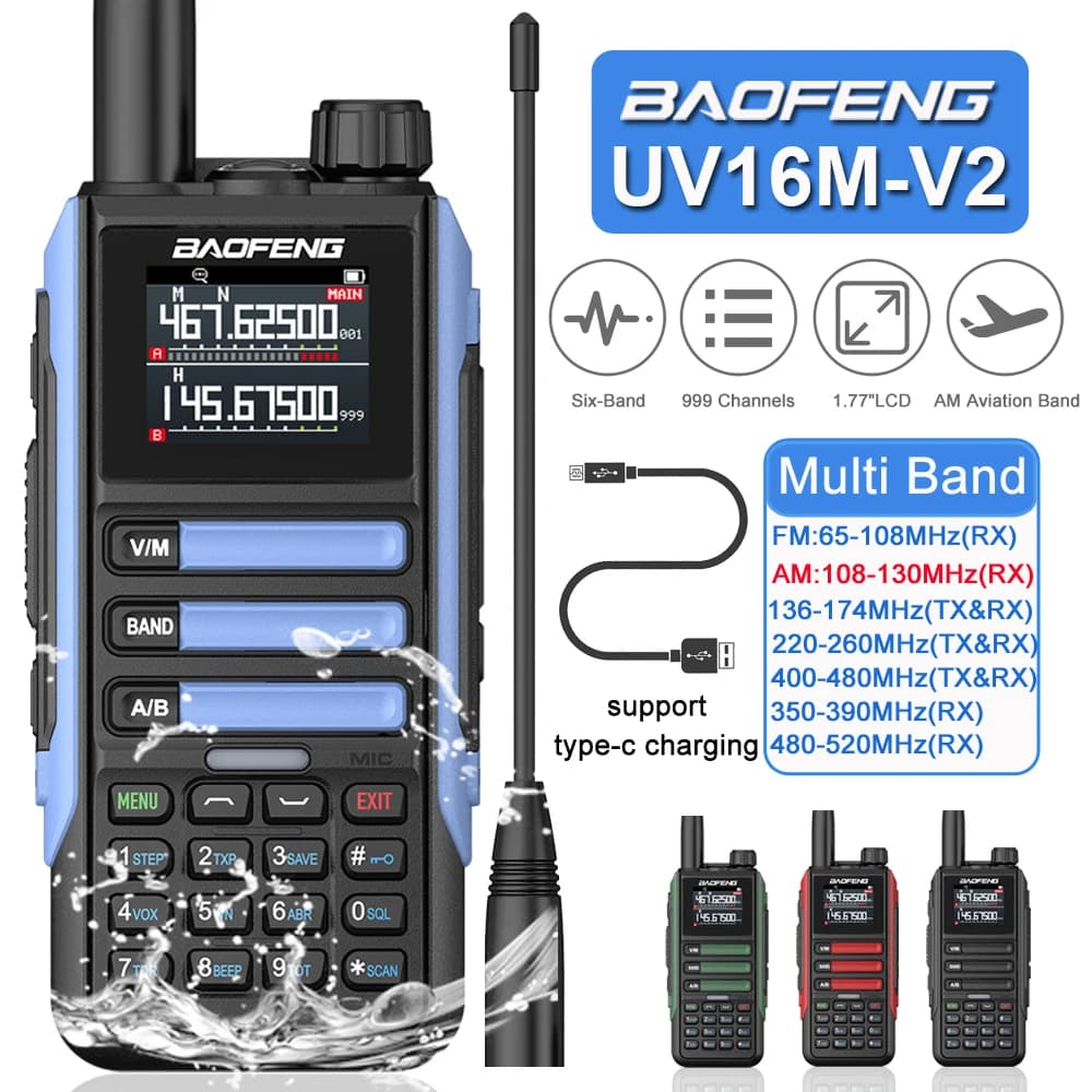 1/2PCS Baofeng UV16M V2 AM FM Walkie Talkie Wireless Copy Frequency 999CH Type-C Long Range Two Way Radio Upgrade UV9R UV16 Plus