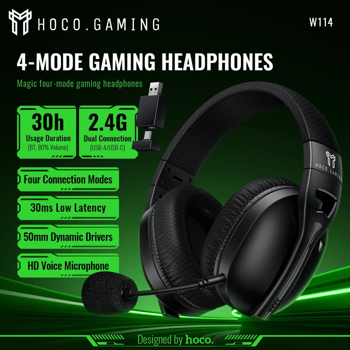 HOCO W114 Four-mode Gaming Wired Headphones Wireless BT 50MM with Mic with Audio Cable Surround Sound Headsets For PC Computer