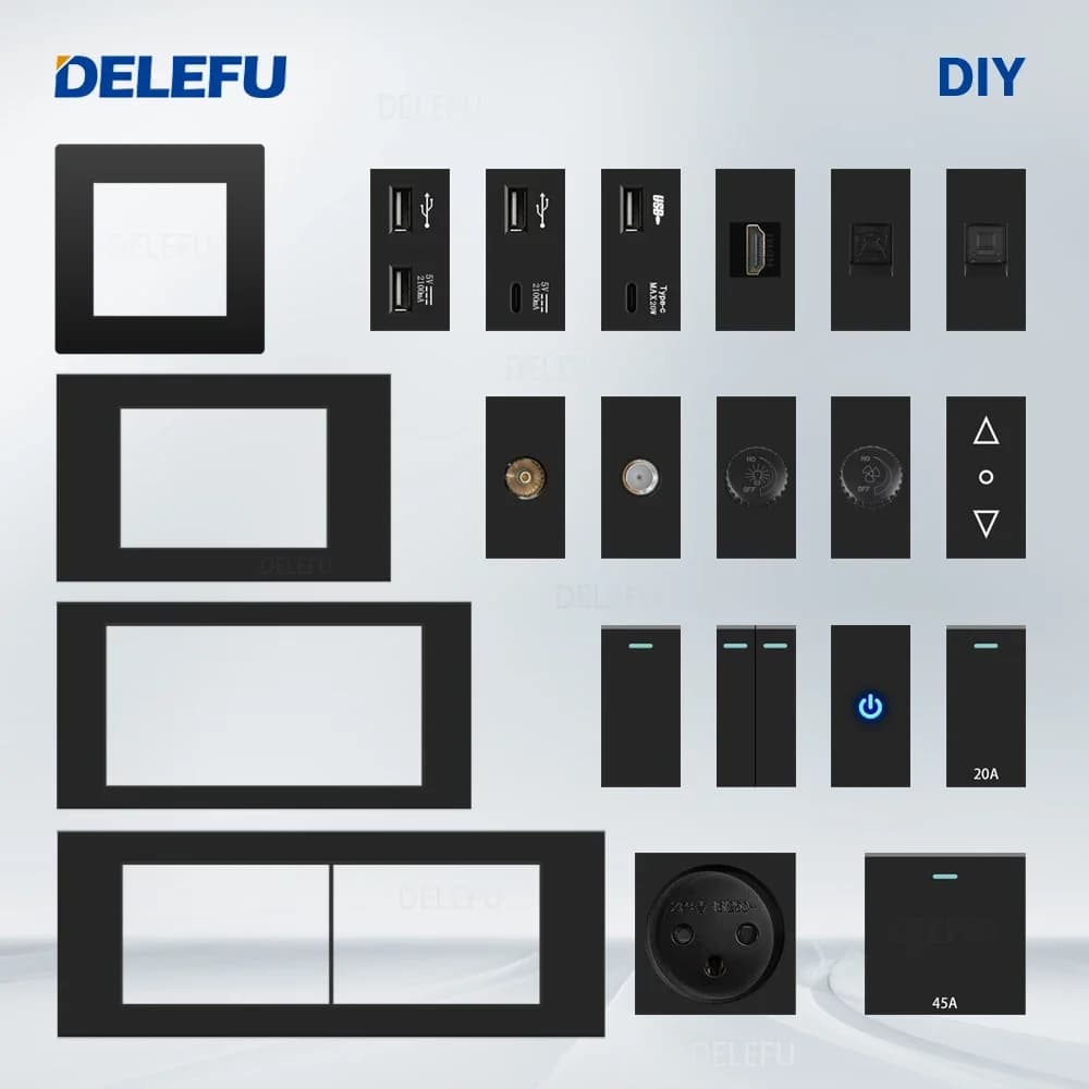 DELEFU Israele Presa FAI DA TE Scheda Vuota USB TypeC Campanello Interruttore 45A 20A Tenda TEL CAT5 TV HDMI SAT Smart Nero