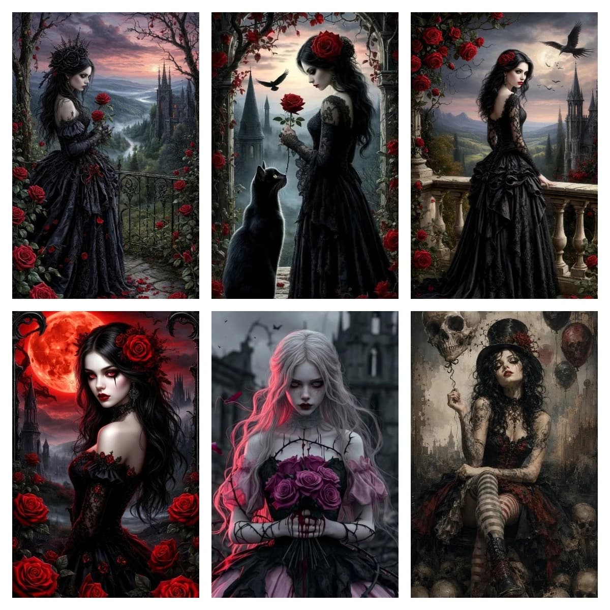 DIY Gothic Dark Lady Red Rose Skull Collage Diamond Painting Mystical Fantasy Modern Wall Decoration for Living Room Bedroom