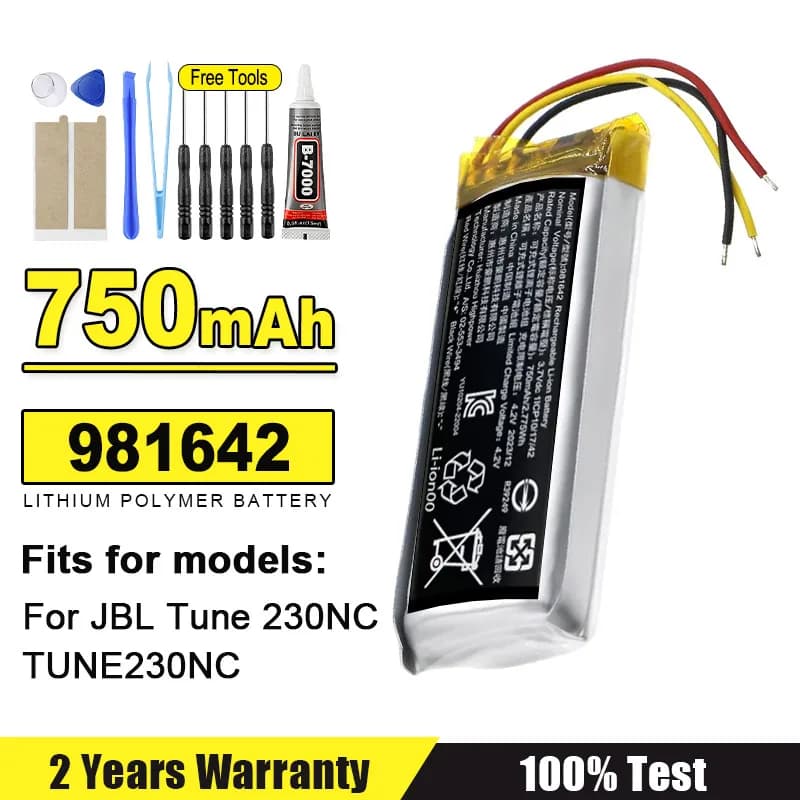 Batteria al Litio 3.7V 981642 750mAh per Compartimento di Ricarica Auricolari Bluetooth Wireless JBL Tune 230NC 230 NC TUNE230NC TWS