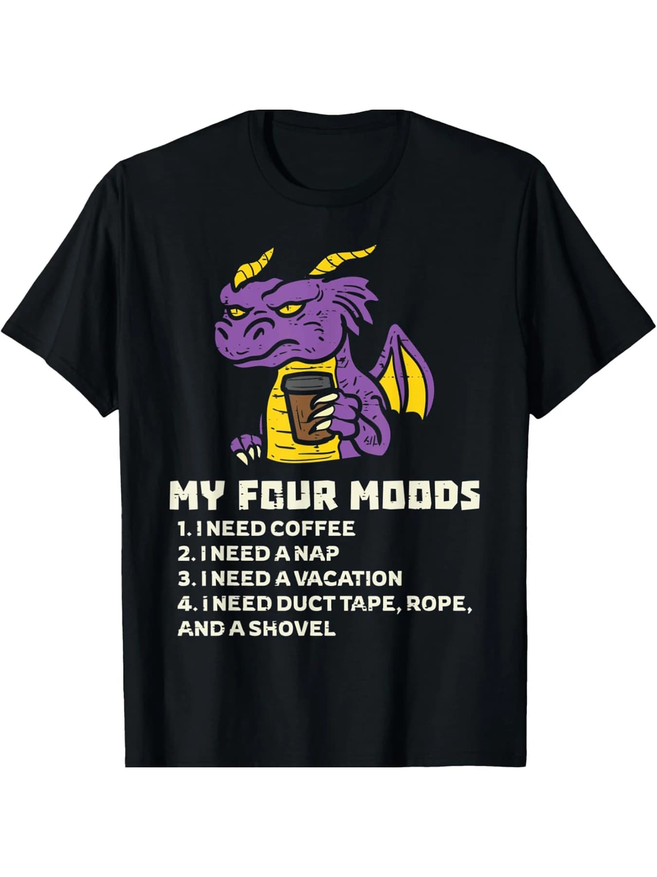 T-shirt a maniche corte da uomo e da donna con stampa Dragon Holding Coffee With Text List, girocollo nero