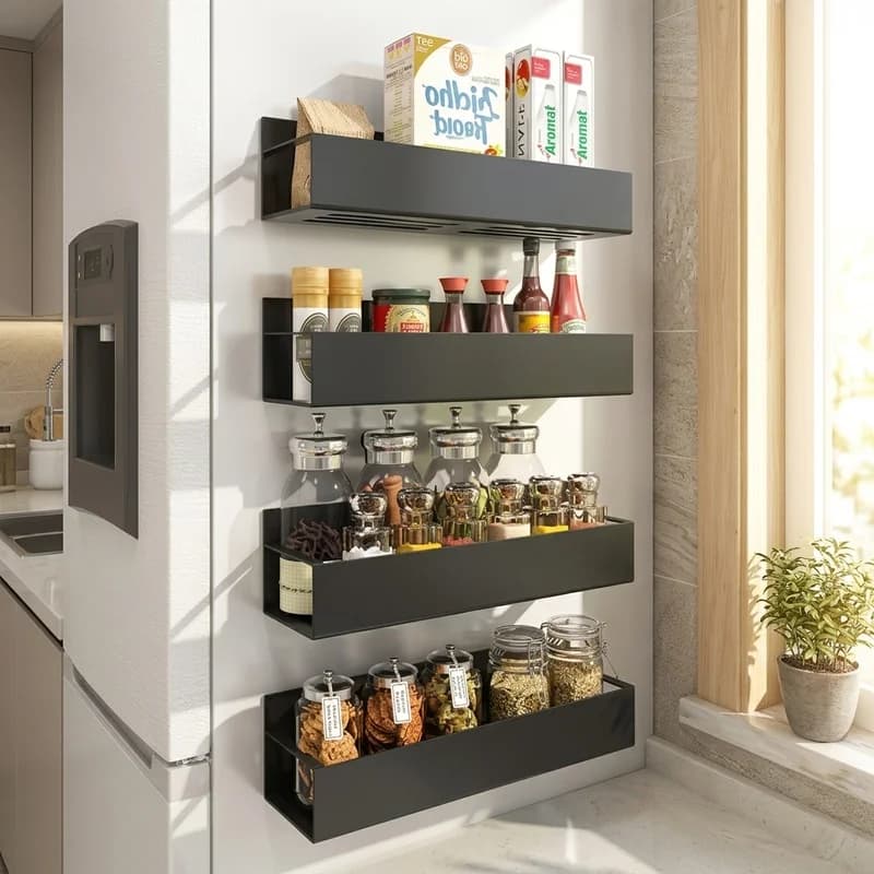 Magnetic Fridge Spice Rack, Black Iron Refrigerator Side Shelf, Space Saving Kitchen Organizer for Seasoning Jars Oils Cans