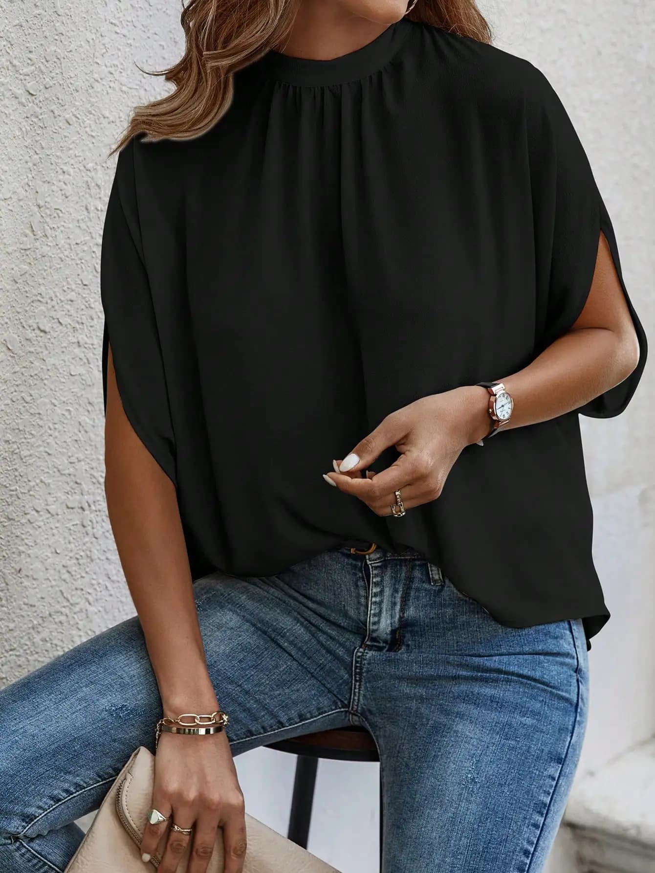 Tie Back Batwing Sleeve Solid Blouse