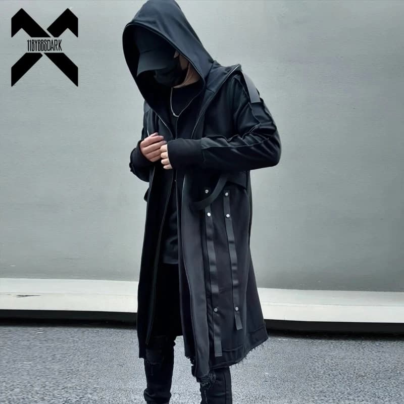 Giacca da uomo finta due trench giacca a vento da uomo punk gotico streetwear giacca lunga cappotto funzione felpa con cappuccio vestiti neri