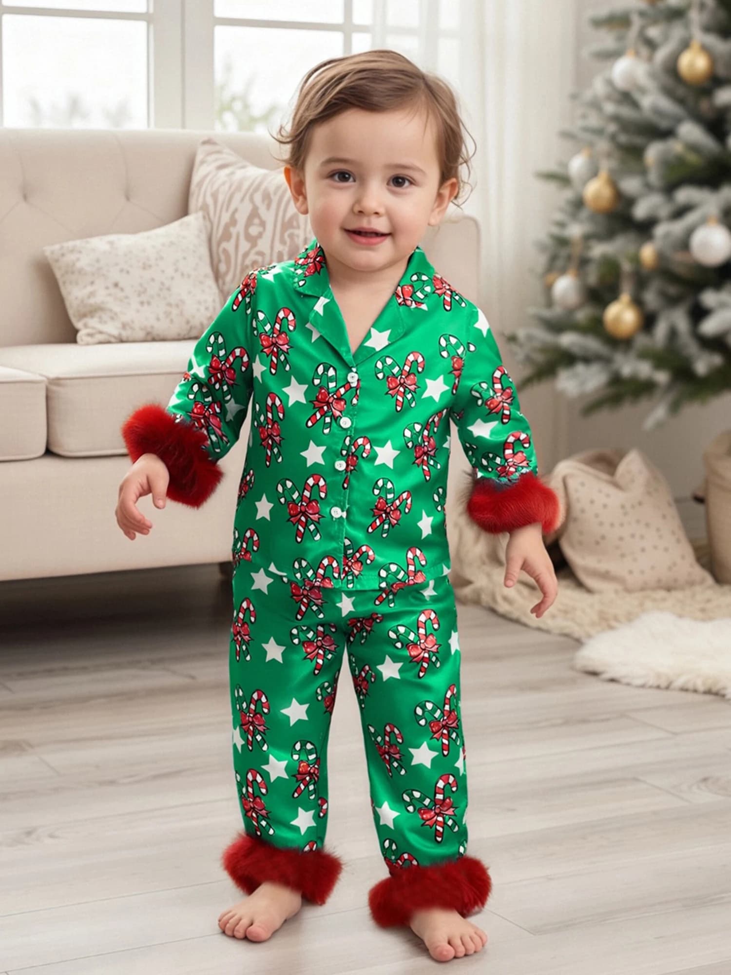 Pigiama natalizio da 2 pezzi per bambini con camicia abbottonata con stampa di canne di zucchero a maniche lunghe e pantaloni loungewear in raso