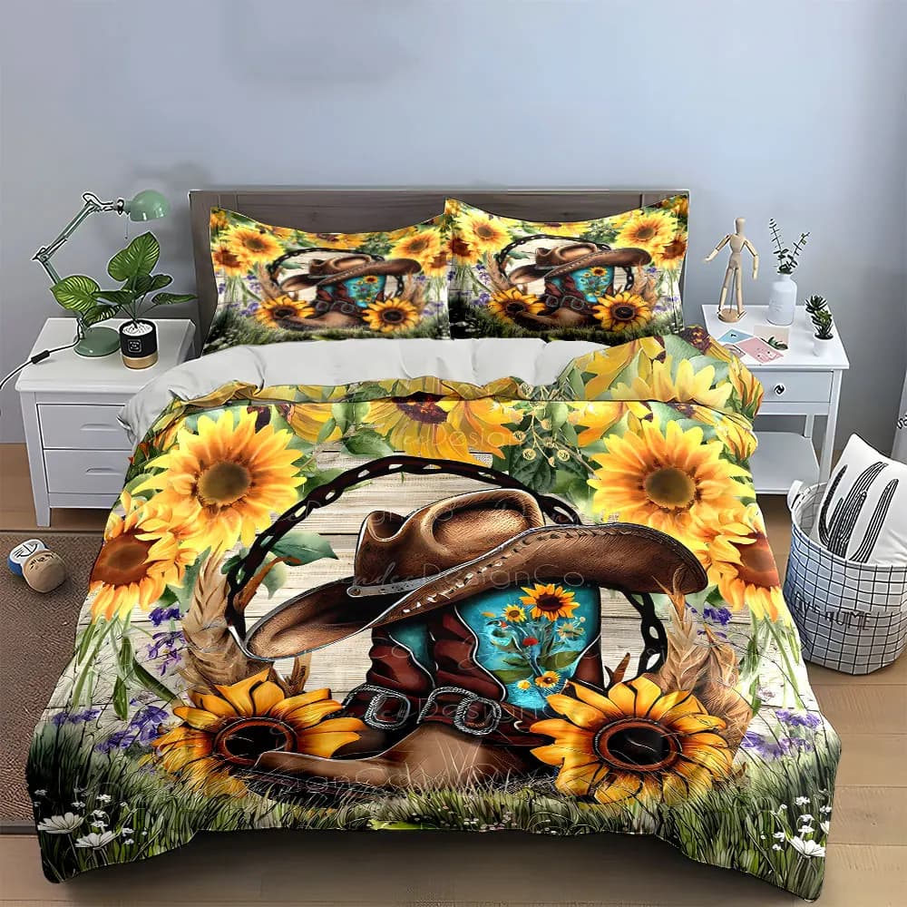 Set di biancheria da letto rustico con motivo floreale da cowboy, con 1 copripiumino e 2 federe, singolo, matrimoniale, king, queen, idea regalo
