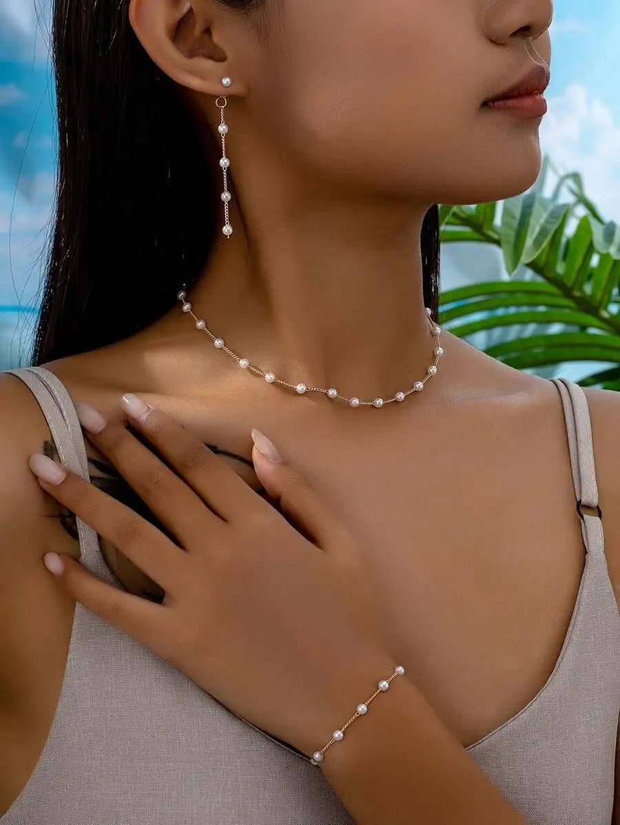 Faux Pearl Jewelry Set Necklace Earrings Bracelet Bohemian Minimalist Daily Wear
