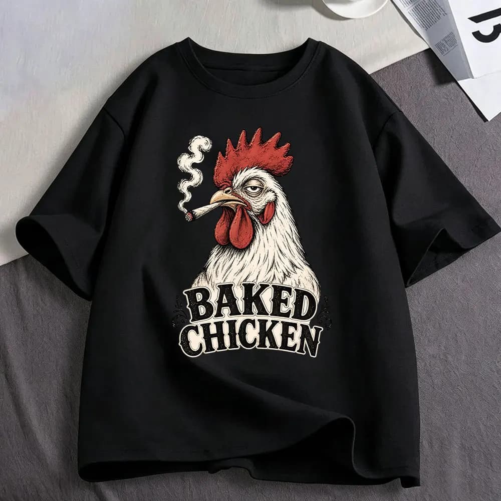 Baked Chicken Smoking Funny Meme Graphic T Shirts Men Women Clothing Cotton Fashion Oversized Short Sleeve T-shirt Streetwear