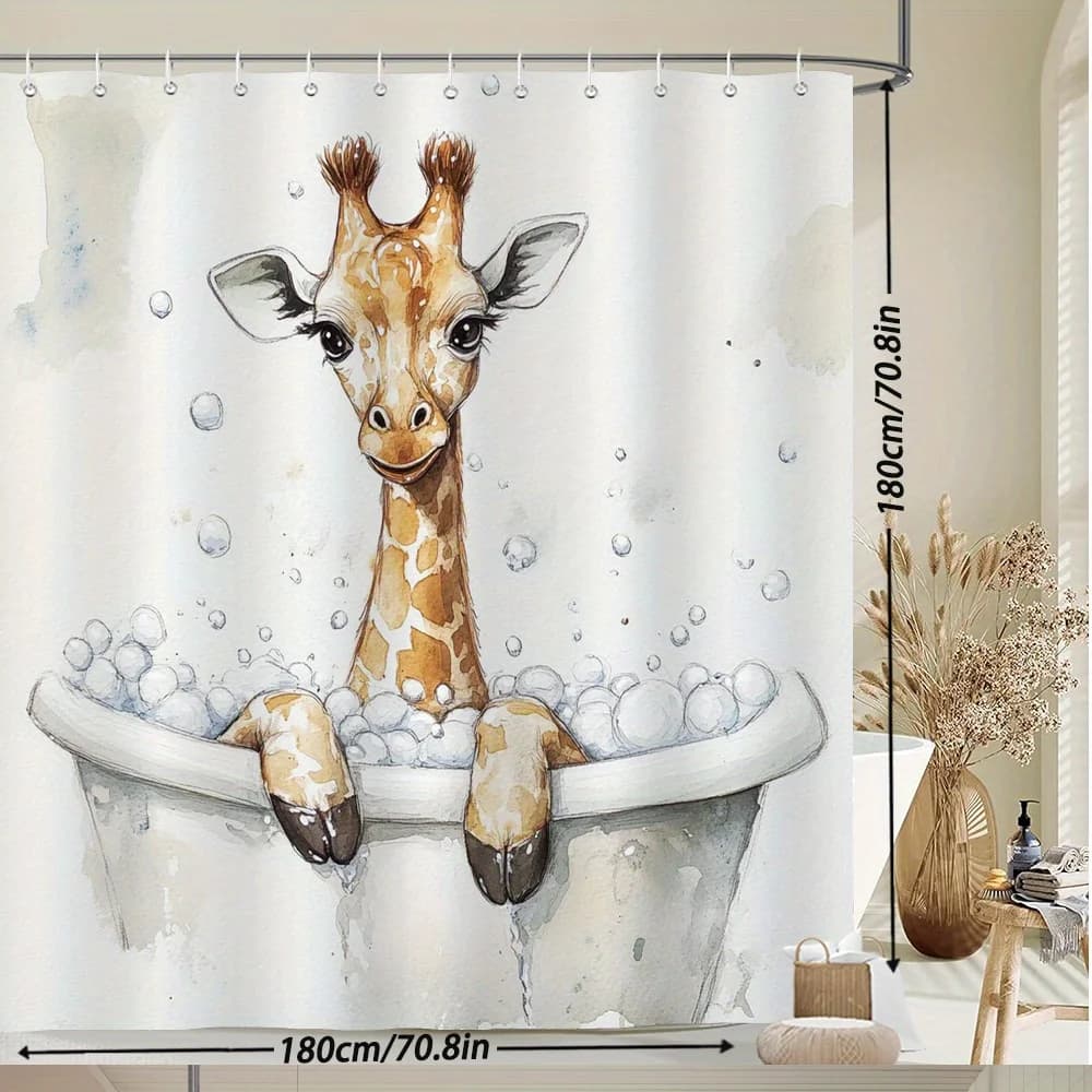 Tenda da doccia da bagno con bolle di giraffa stravagante da 1 pezzo - Design giocoso di umorismo animale acquerello, tessuto in poliestere resistente