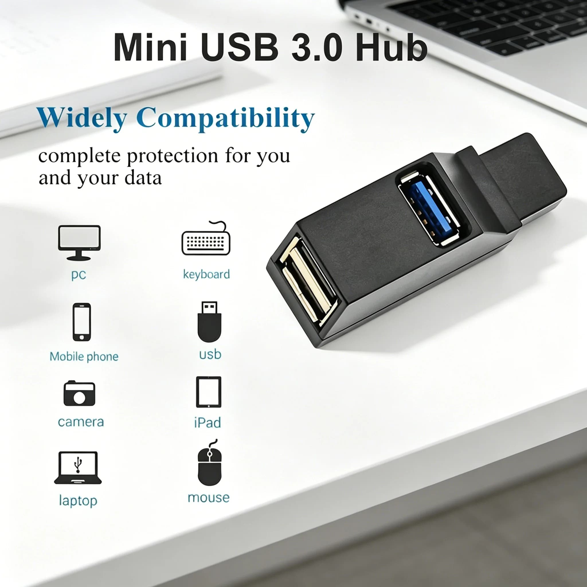 Hub USB a 3 Porte USB 3.0/2.0, Splitter Rotante, Espansore Multiplo per Trasferimento Dati, Accessorio per Computer, Laptop e MacBook