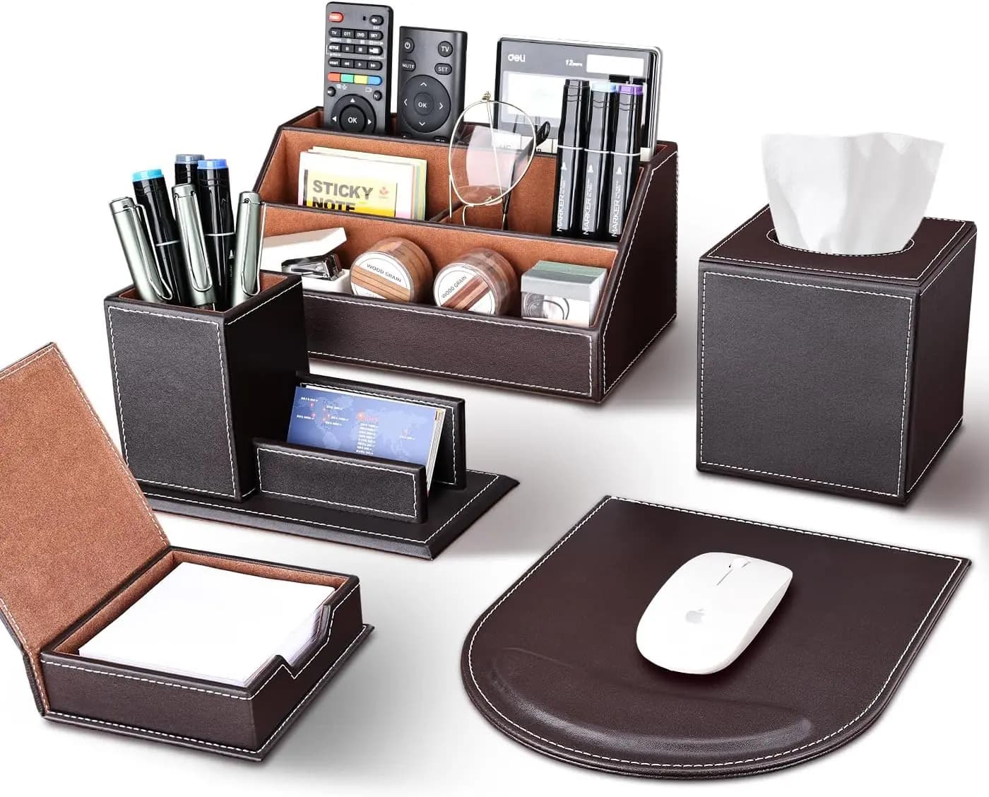 Set di 5 organizer da scrivania in pelle PU con tappetino per mouse, porta fazzoletti, porta matite, porta appunti, scatola portaoggetti - Marrone