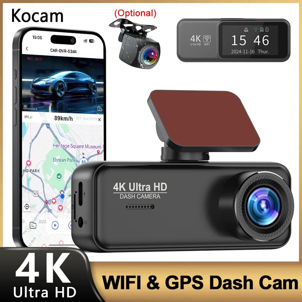 Kocam 4K Dash Cam Dashcam double channel front and back with parking monitoring 24 hours DVR recorder for night vision Black box for car