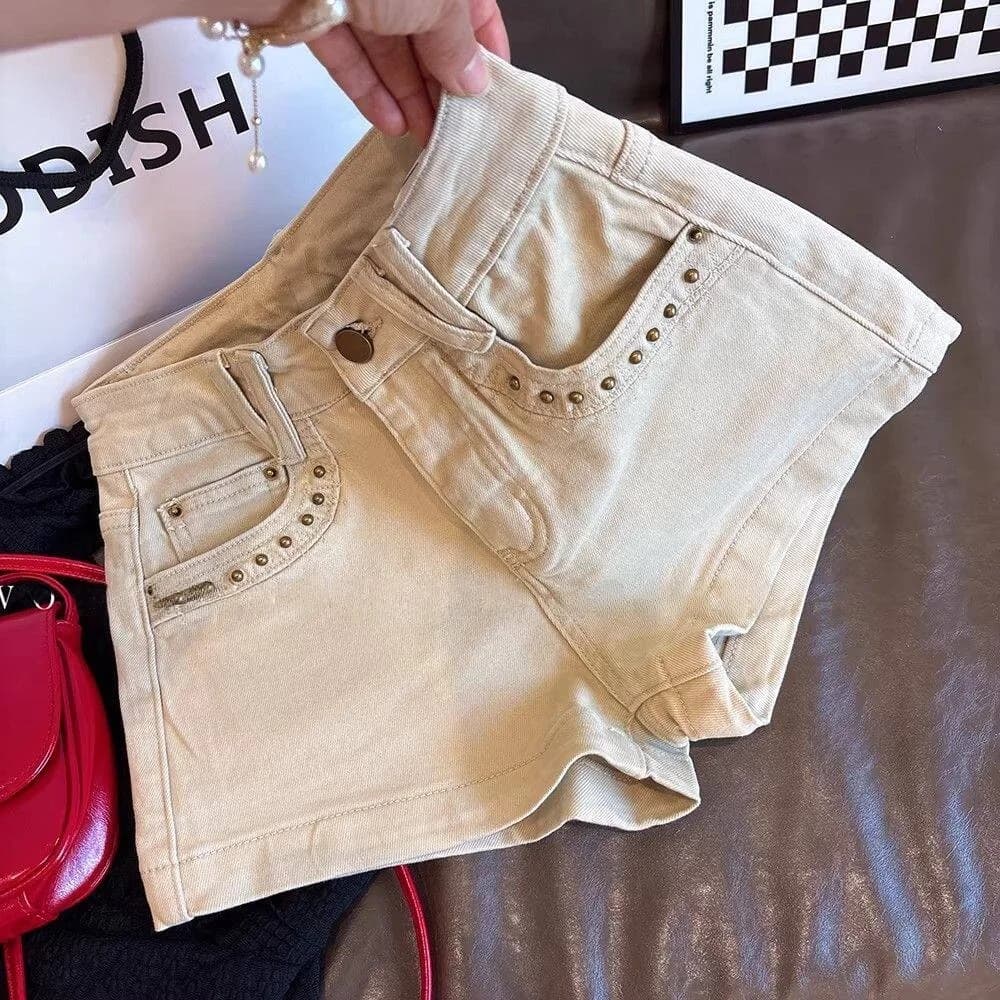 Shorts in Denim a Vita Alta da Donna, Sexy e Aderenti, Design Estivo, Pantaloncini Modellanti in Cotone con Chiusura a Bottoni e Dettagli Tasche
