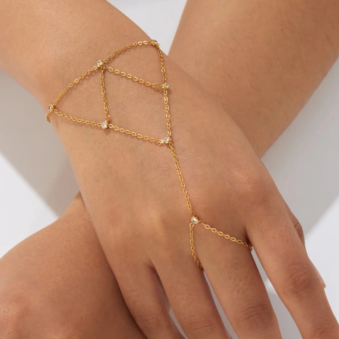 Stainless Steel Golden Diamond Woven Round Zircon Finger Ring Bracelet Lady Fashion Non-fading Hand Chain Jewelry