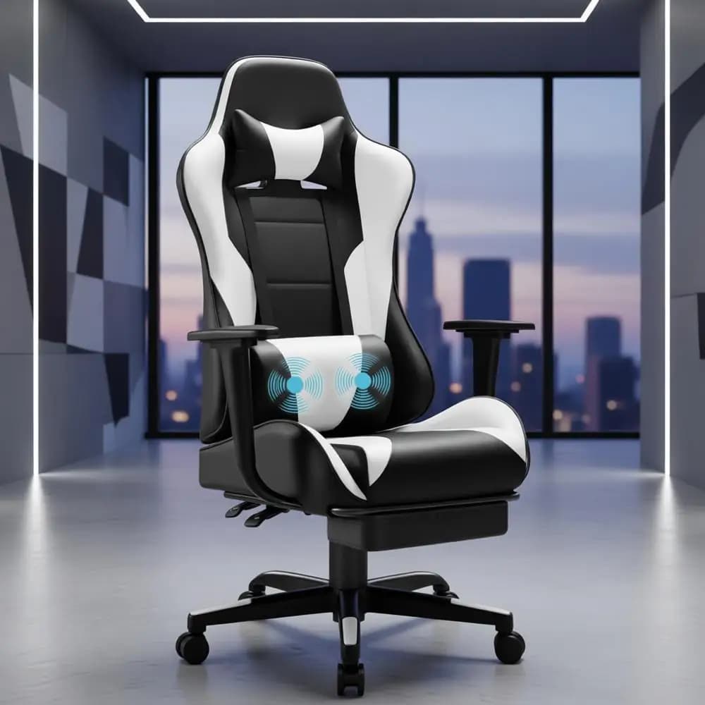 Sedia da gaming ergonomica con poggiapiedi, massaggio lombare, altezza regolabile, sedile girevole, bianco