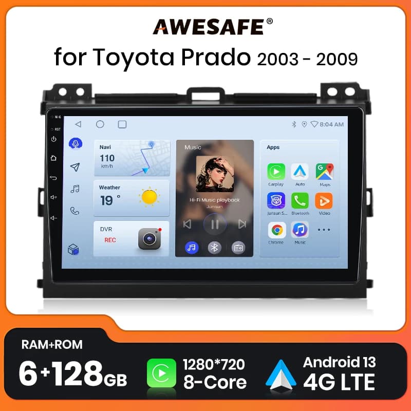 AWESAFE Wireless CarPlay Android 13 Radio per Toyota Land Cruiser Prado 2004-2009 sistemi intelligenti per auto Stereo di navigazione GPS