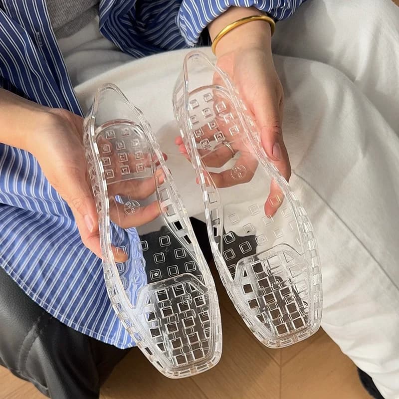 Summer Women Square Toe Crystal Jelly Flats Korean Casual Shallow Shoes Outdoor Daily Shopping Travel Beach Shoes