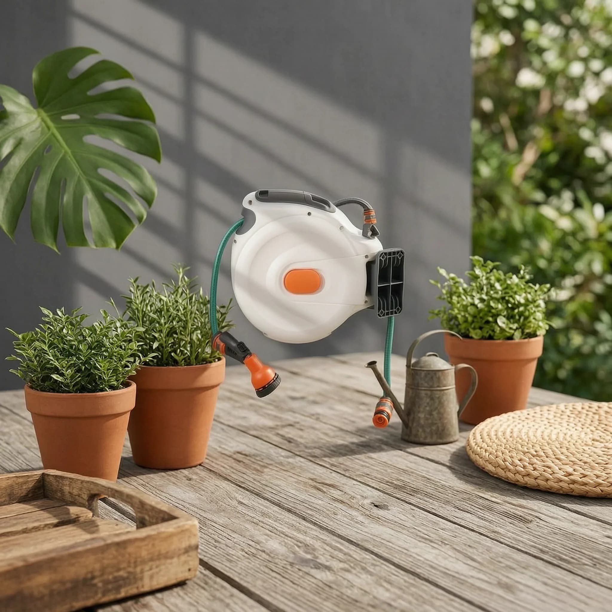 Wall-mounted Retractable Garden Hose Reel with Swivel Mount Water Hose Reel with Spray Nozzle for Yard