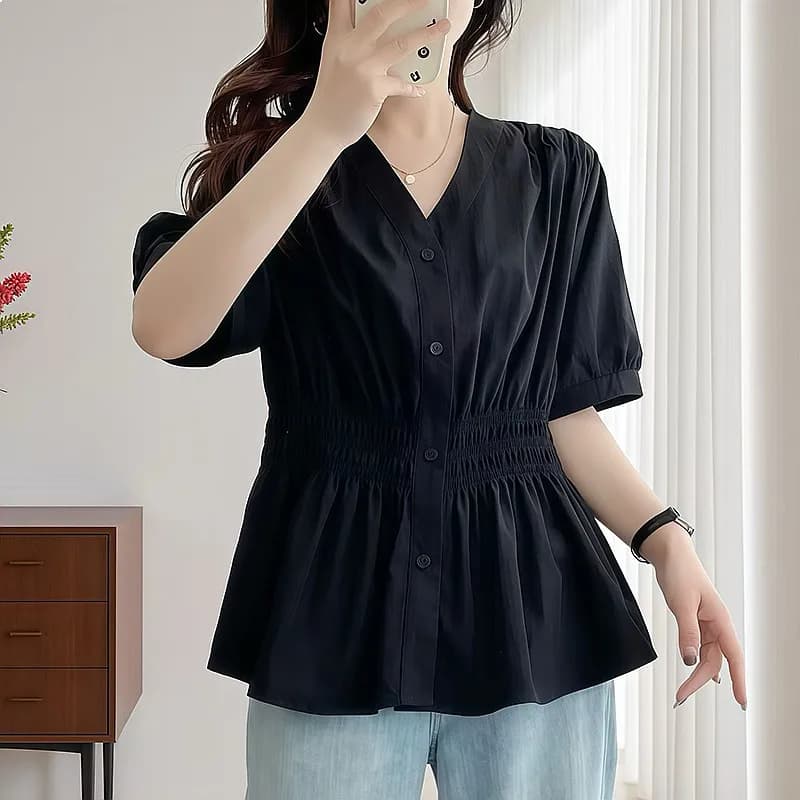200 Pounds Plus Size Elastic Waist Summer Blouse Solid V-Neck French Simple Top Women New