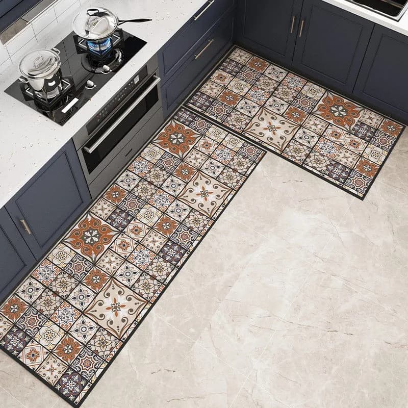 Bohemian Plaid Kitchen Floor Mat Non-slip Rug Light Luxury Home Decoration Carpet PVC Leather Washable Mats Alfombras De Cocina
